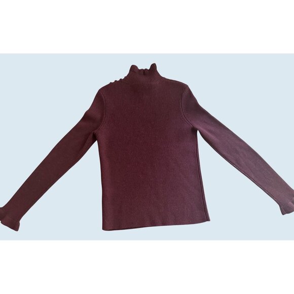 SEE BY CHLOE Burgundy Ruffle Neck Shoulder Button Wool Ribbed Sweater Sz L - Picture 5 of 7